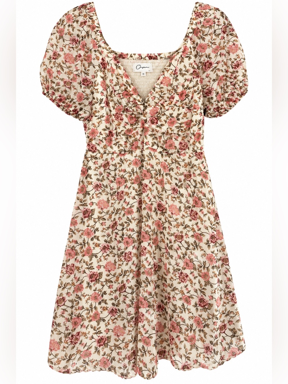 Japna XL Cream Floral Puff Sleeve Midi Dress Smocked Cottagecore NWT